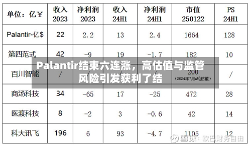 Palantir结束六连涨，高估值与监管风险引发获利了结